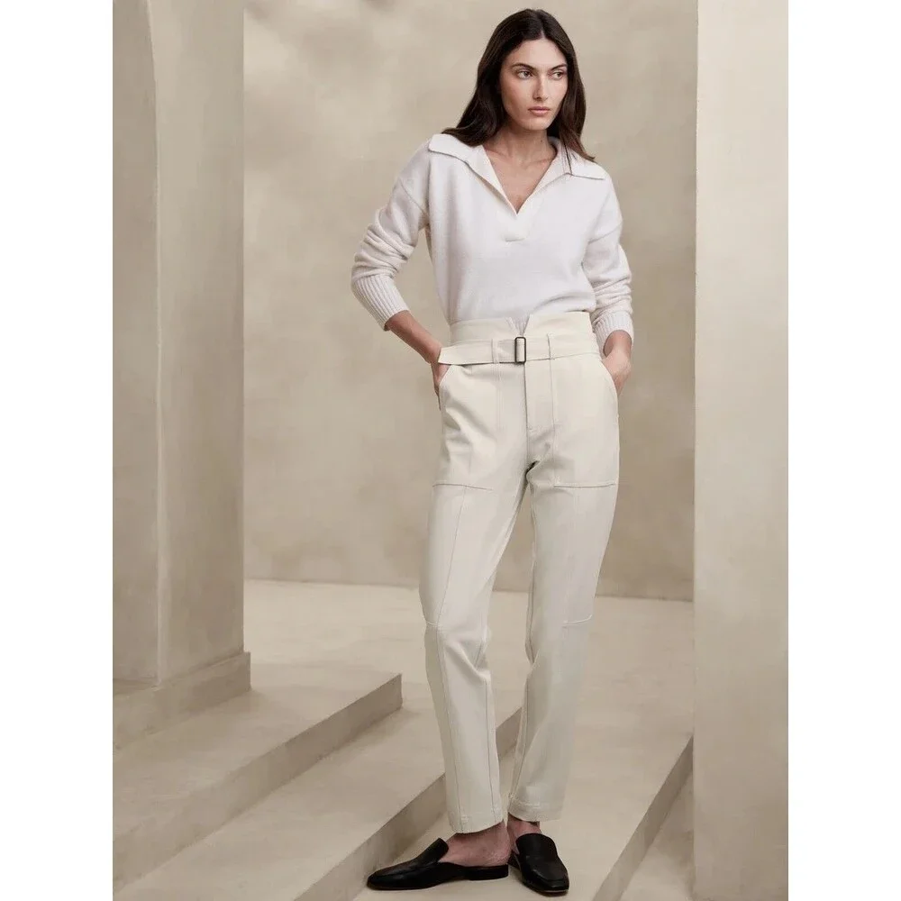 Banana Republic Refined Utility Pants Womens 6 Cream White Belted Stretch